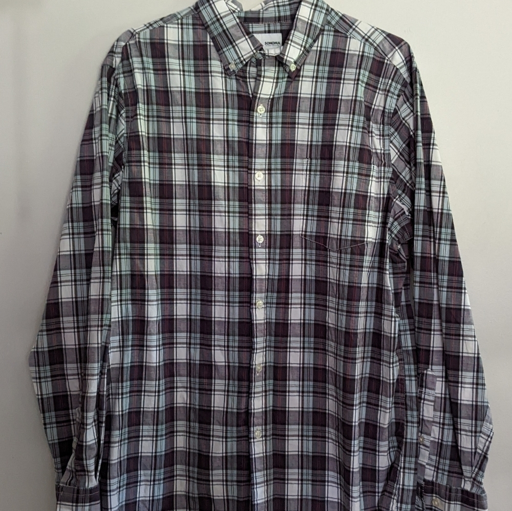 Nwt Sonoma Flexwear Men's Button Up Plaid Shirt Cotton/Poly/Spandex Large